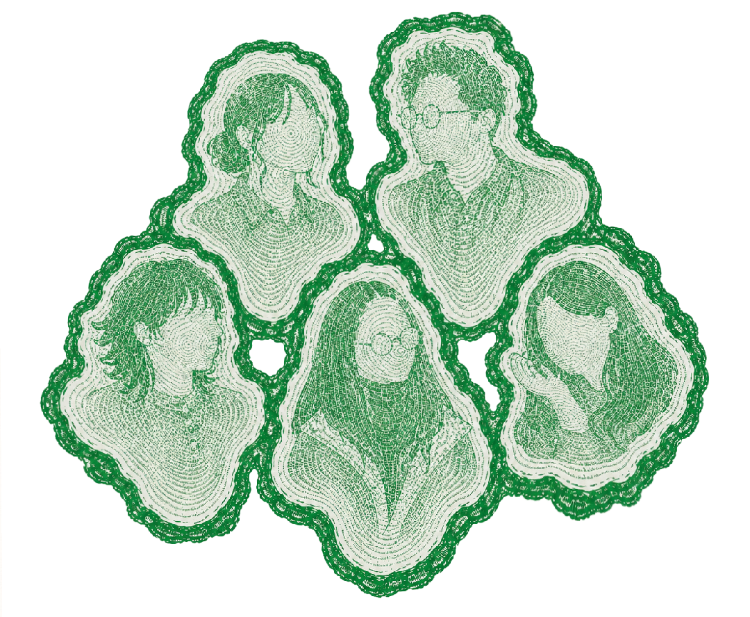 Arbocurists illustration — five people rendered as tree rings